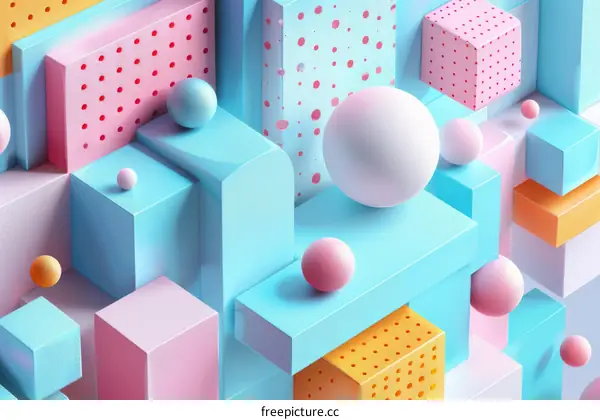 Cheerful Pastel Color 3D Geometric Shapes on Blue Background
