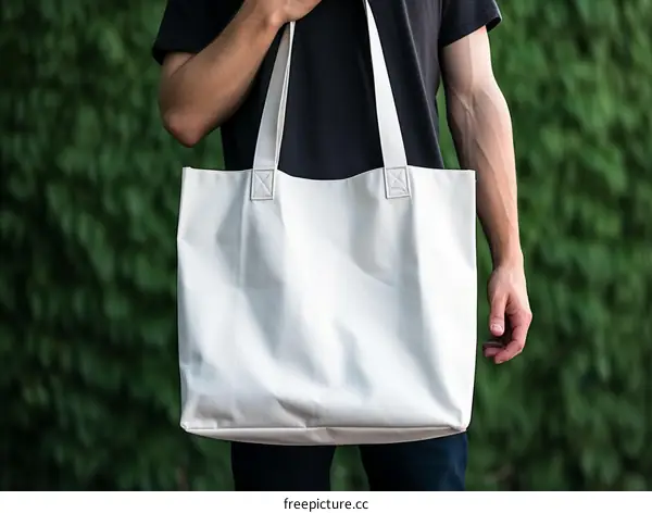 man holding white tote bag mockup