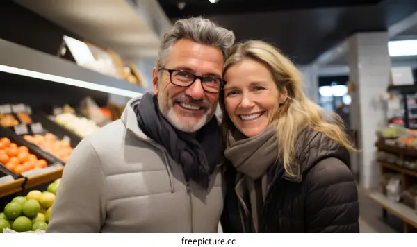 Happy couple smiling in a grocery store