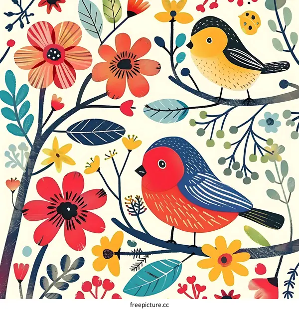 Colorful Birds with Flowers