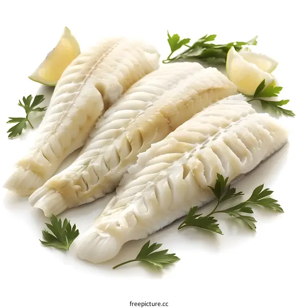 Three pieces of raw white fish fillets with parsley and lemon wedges