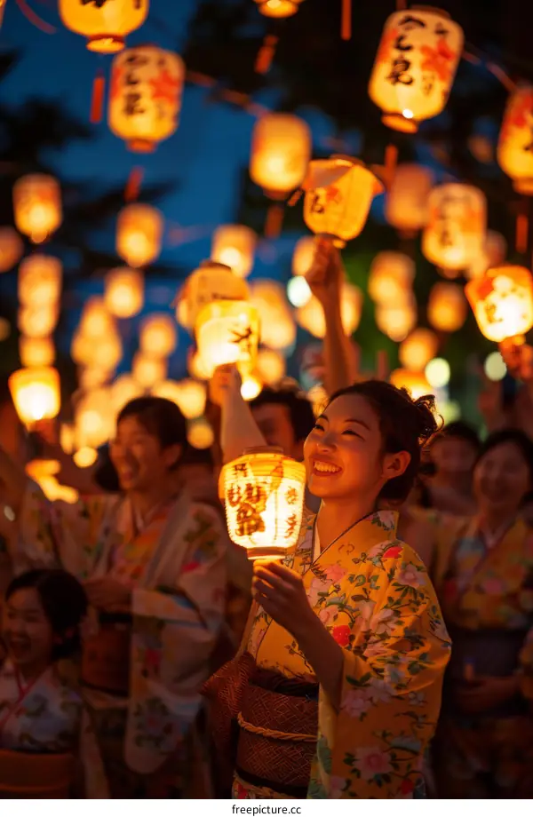 A woman in a kimono is holding a lantern.