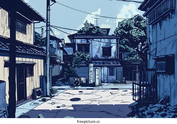 Japanese Style Illustration of a Narrow Street in a City