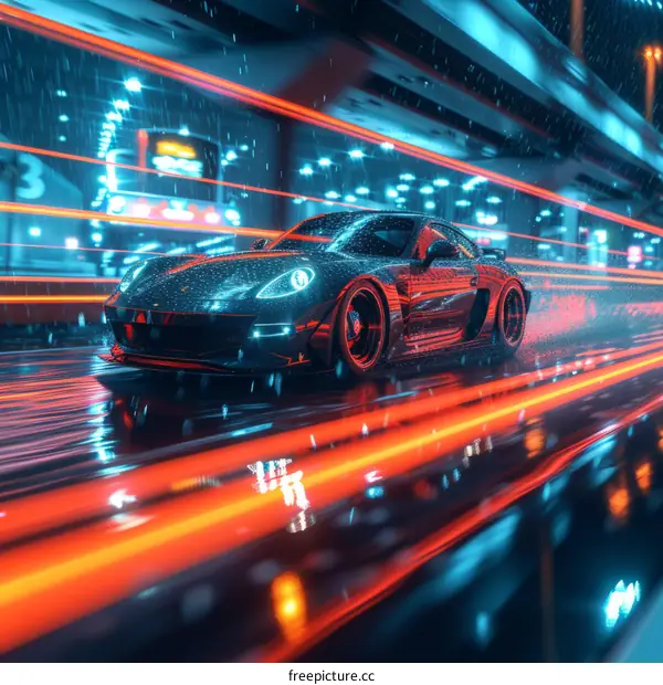 A sleek black sports car speeds through a rainy city street at night, leaving a trail of red and blue light in its wake. The car is surrounded by tall buildings and skyscrapers, and the rain is reflecting the city lights.