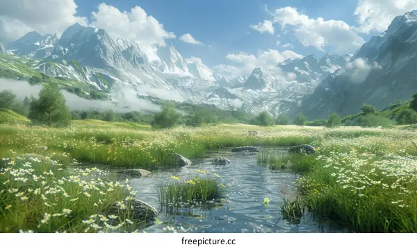 Mountain Stream Flows Through Valley Meadow