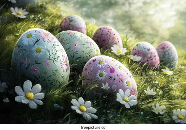 Easter Eggs Decorated with Flowers in Grass