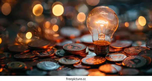 Glowing Light Bulb on a Pile of Coins