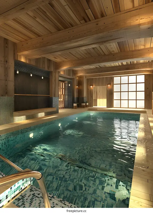 Indoor Swimming Pool with Wooden Beams and Windows