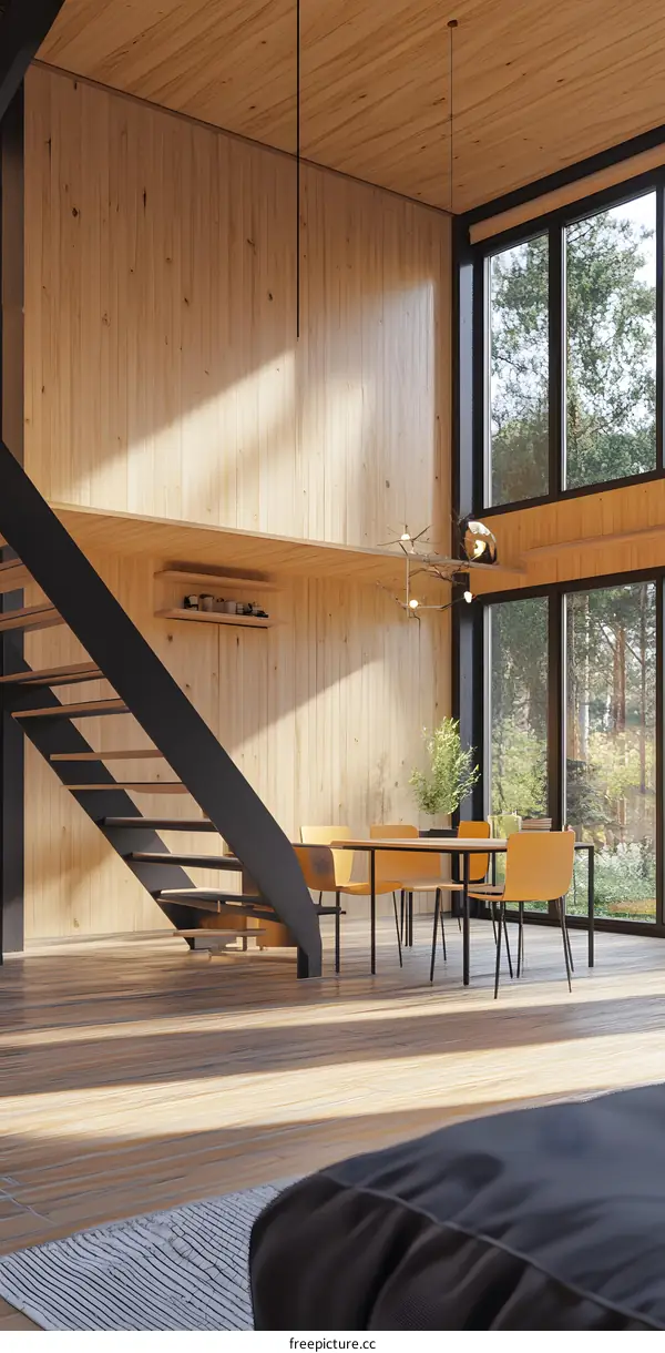 Modern Wooden House Interior Design With Large Windows