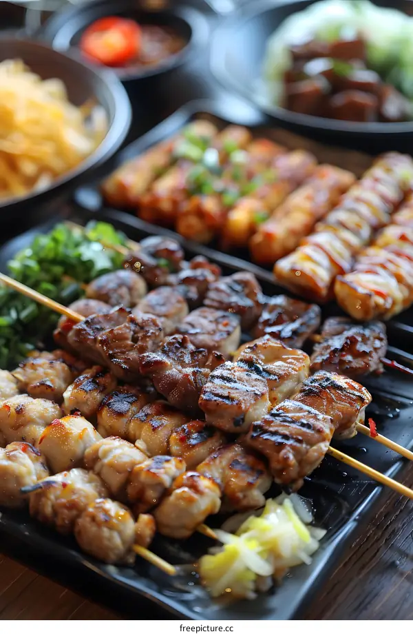 A variety of grilled meats and vegetables on skewers
