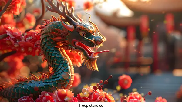 A close-up of a dragon statue with red flowers