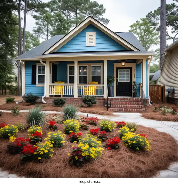 Small Blue House and Flower Garden