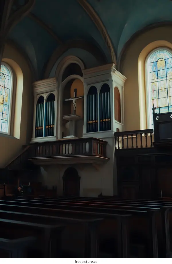 Church Interior With Stained Glass Windows And Organ