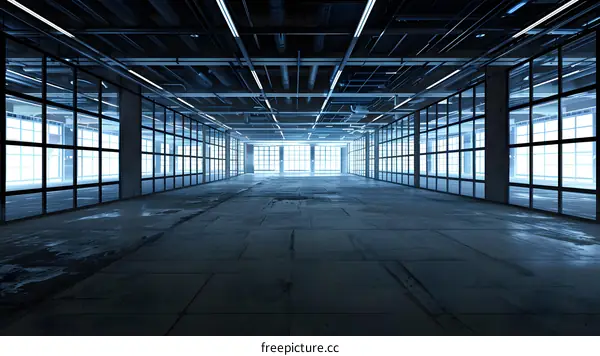 Empty Industrial Building With Large Windows And Concrete Floor