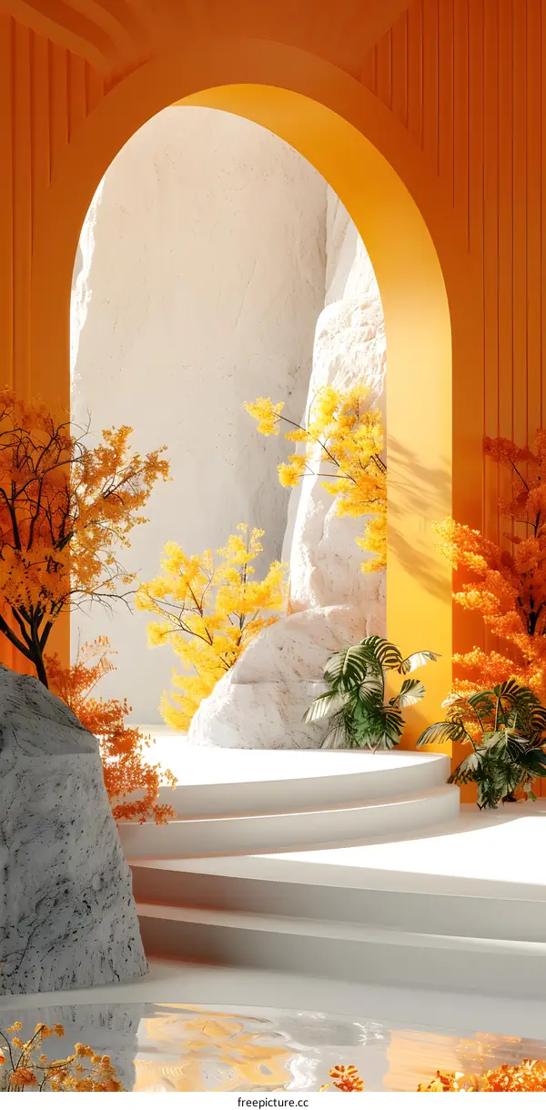 White podium with trees and rocks in an orange room