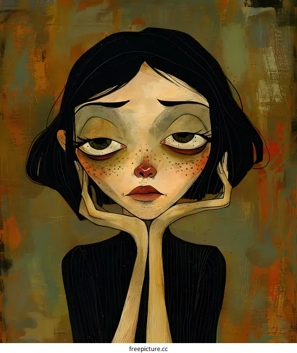 A girl with black hair and freckles is resting her chin on her hands