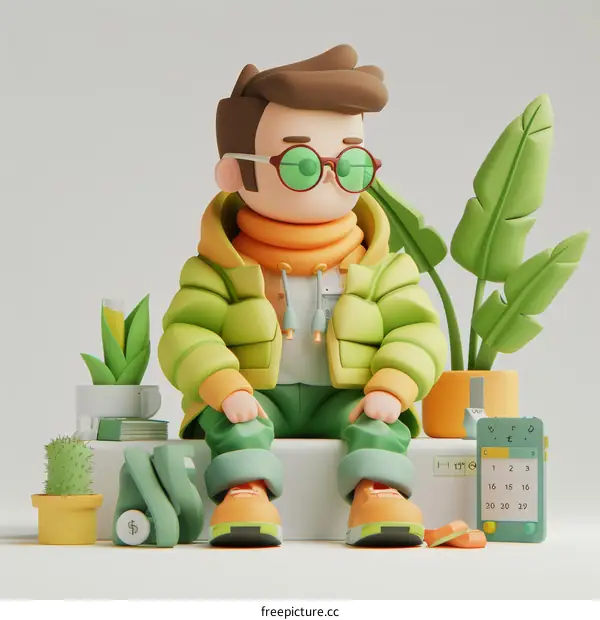 3D Illustration of a Man Sitting on a Box with a Plant