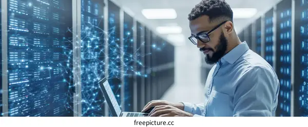 Data Center Technician Working on Laptop