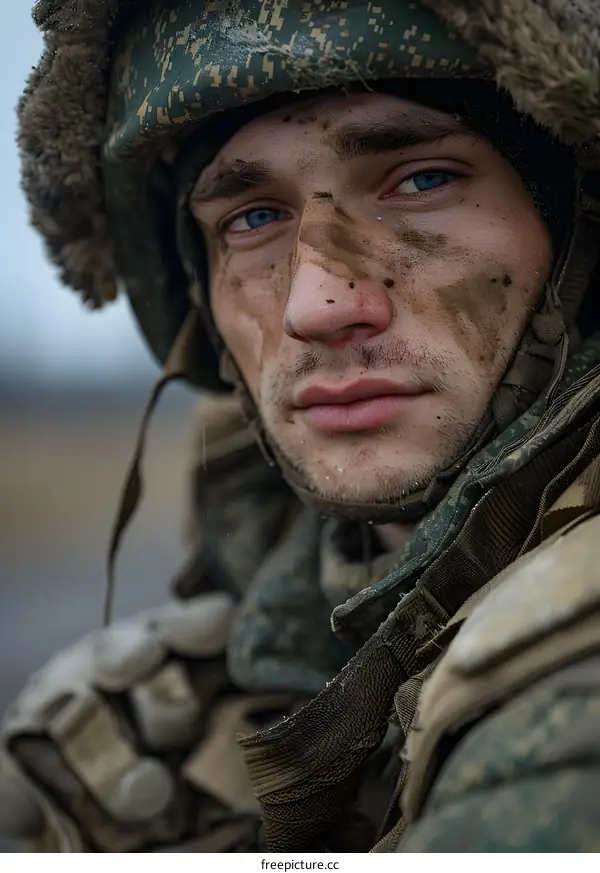 Portrait of a young soldier wearing a camouflage uniform and a helmet