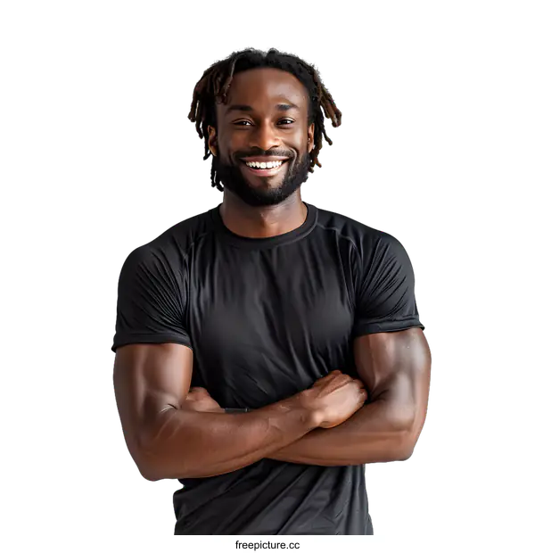 [Transparent Background PNG]muscular african american man with dreadlocks smiling with arms crossed