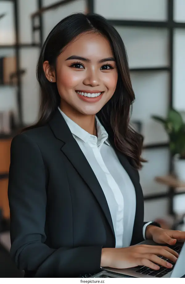 Smiling Asian Businesswoman Working On Laptop