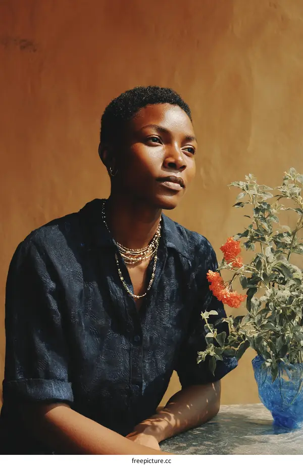 Woman in Deep Blue Shirt with Flowers