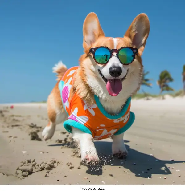 A happy corgi wearing sunglasses is running on the beach