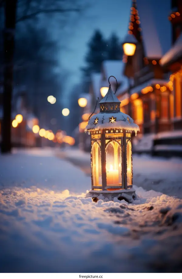 lantern in the snow covered street at night