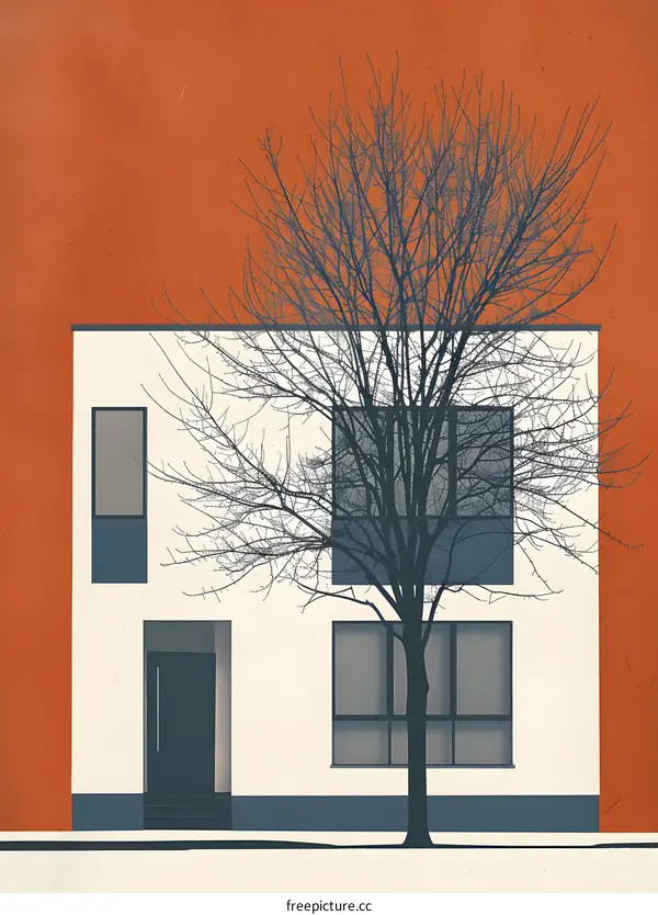Minimalist Abstract Illustration of a House with a Bare Tree in Front of It
