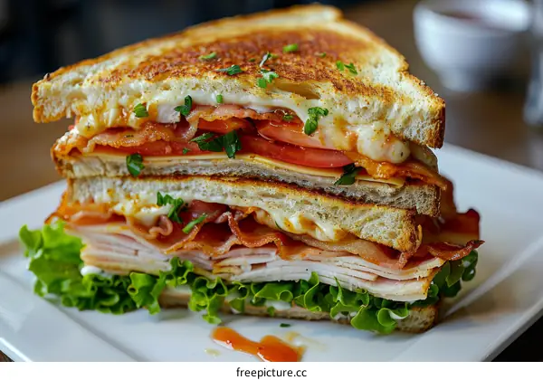 A delicious sandwich with bacon, tomato, and cheese