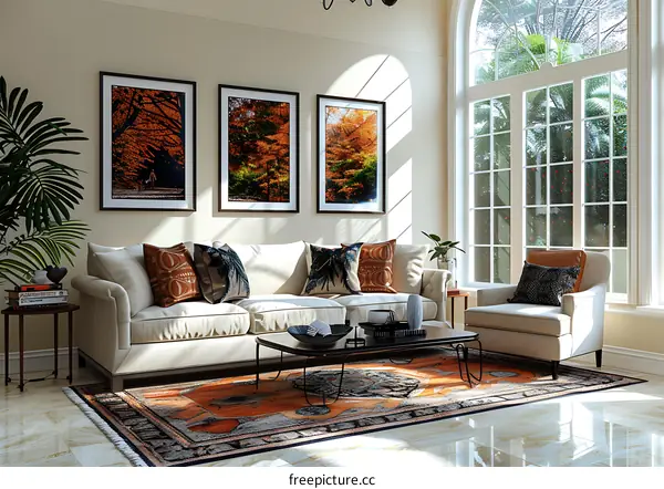 Modern living room interior with large windows and a colorful rug