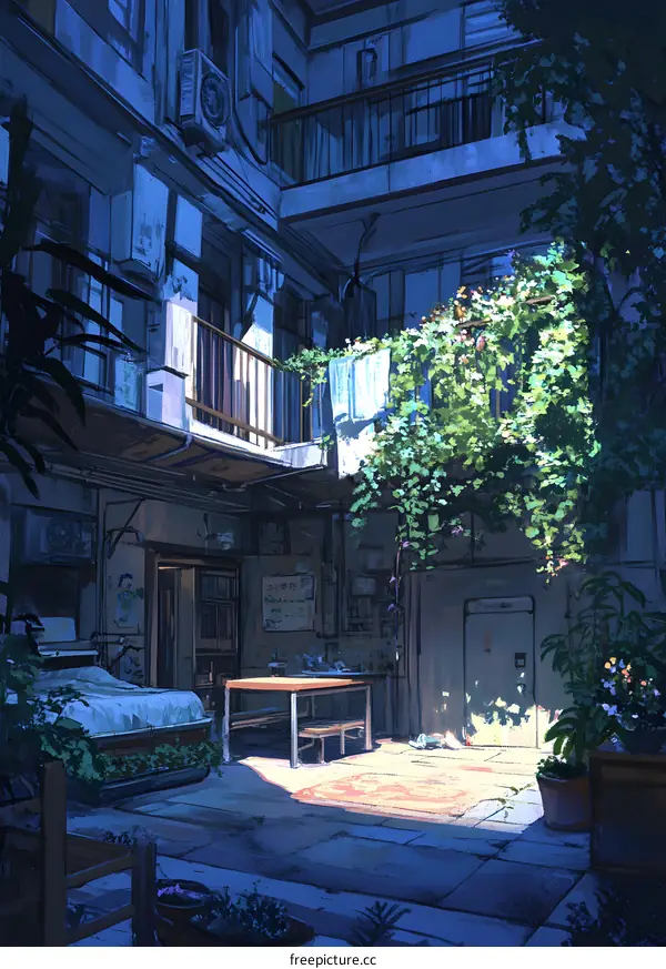 Sunlit Courtyard with Lush Greenery and a Table