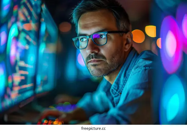 Male software engineer wearing glasses looking at computer screens