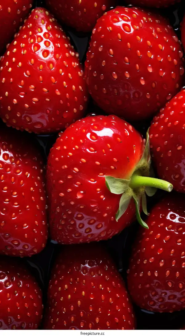 A close-up image of fresh, red strawberries.