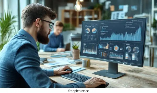 Businessman Working on a Large Data Visualization Display
