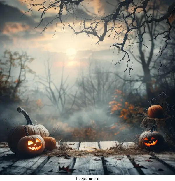 Spooky Halloween Pumpkins in a Dark Forest