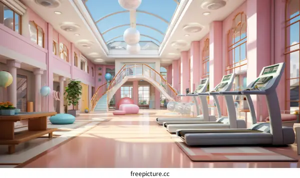 Modern Gym Interior with Pink and White Accents and Large Windows