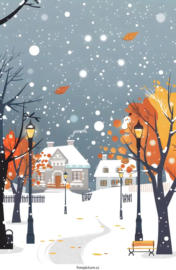 Snowy Winter Village with Houses, Trees and Streetlights