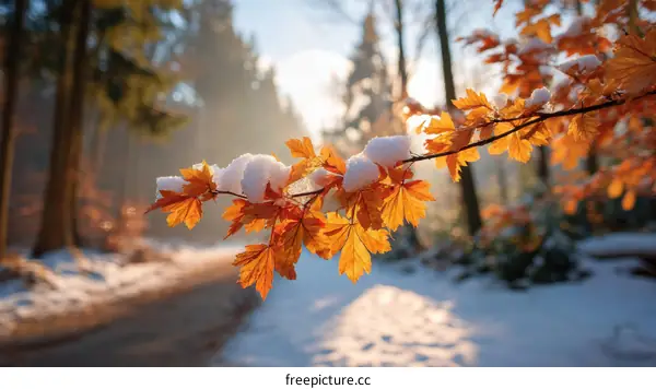 Winter Sunrise in the Forest with Snowy Autumn Leaves