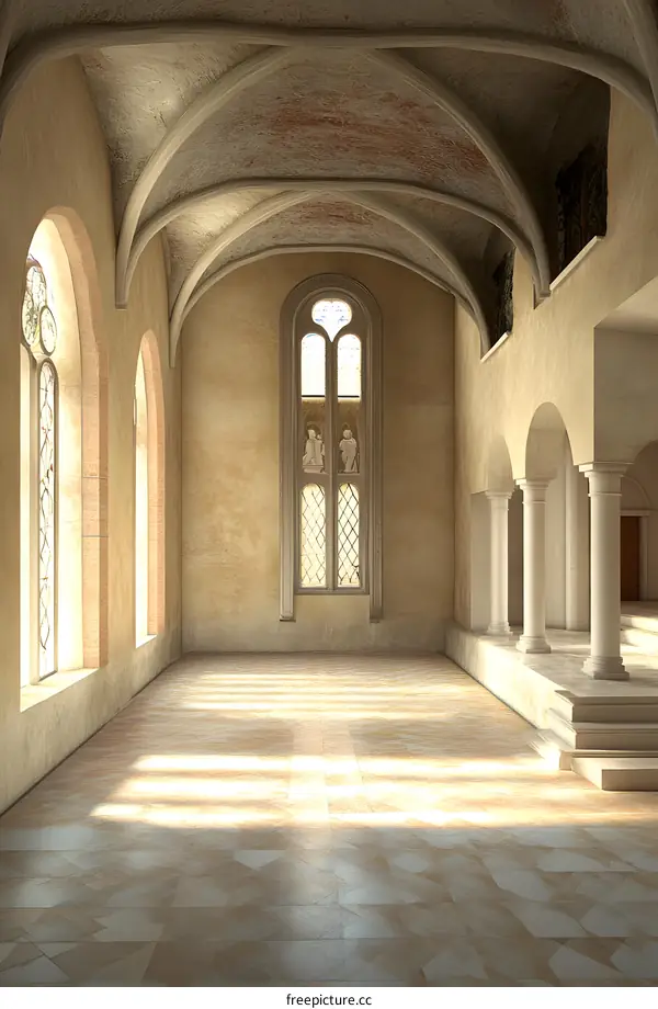 Interior Of An Ancient Cathedral With Arched Ceiling And Windows