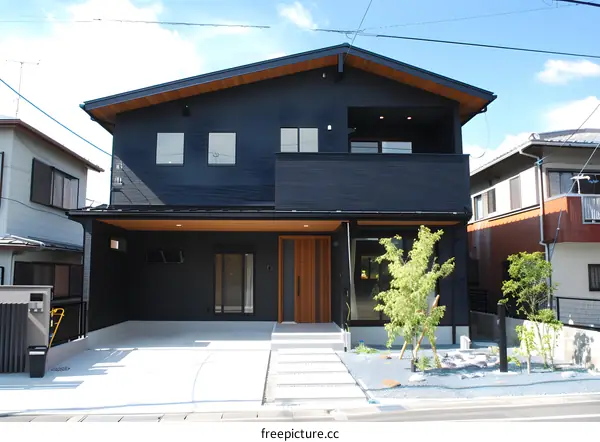 Modern Black House Exterior with Wooden Accents and Landscaping