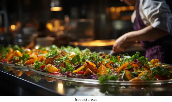 Chef preparing a delicious salad with fresh vegetables