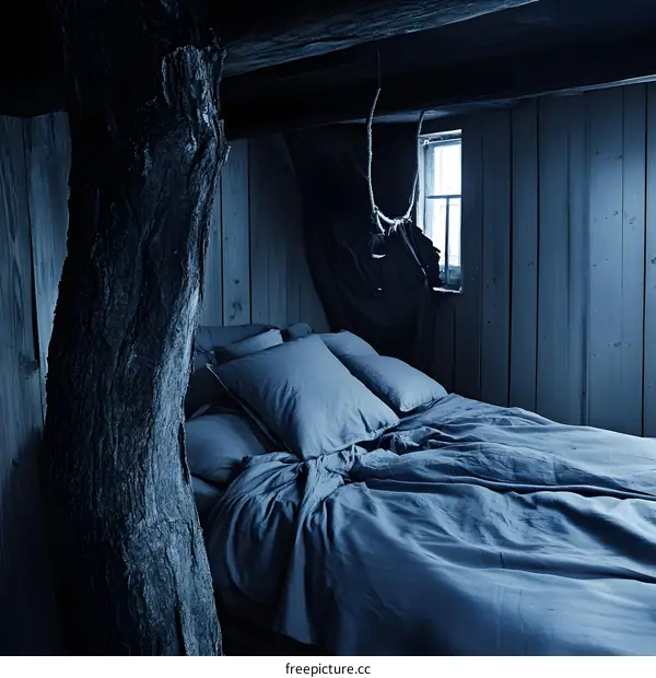 Blue Bed in a Wooden Room with a Tree Trunk