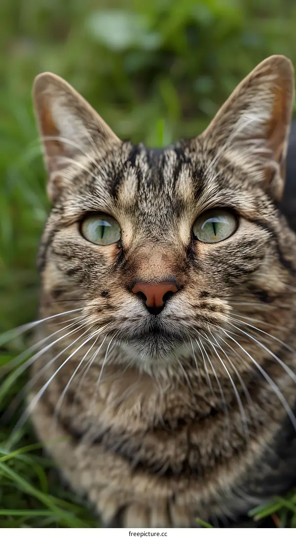 Striped Cat Closeup in Grass