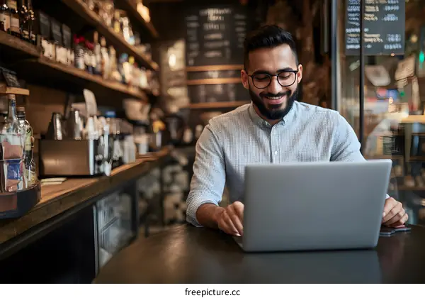 Smiling Man Using Laptop in Cafe