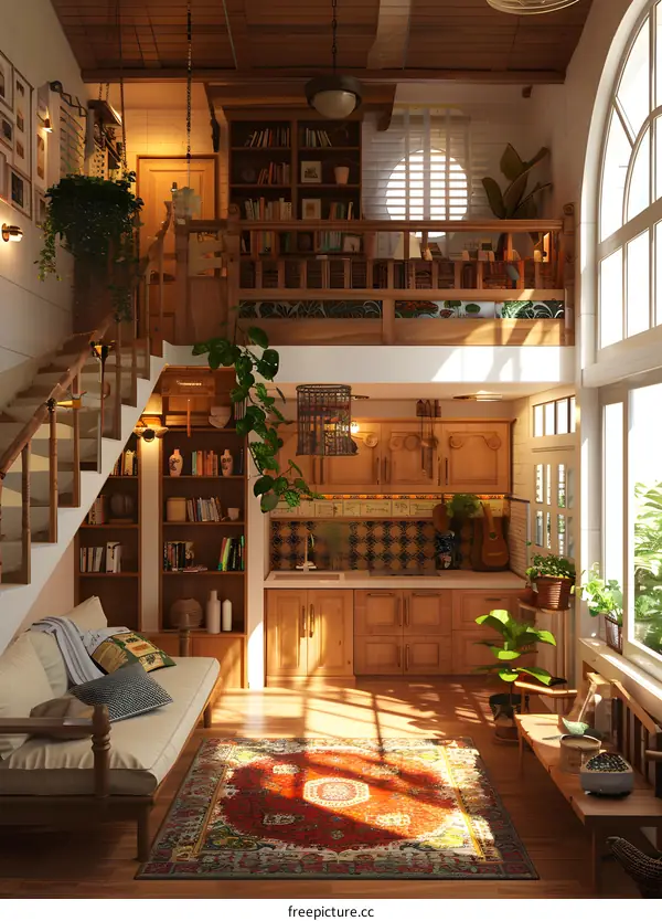 Modern Rustic Interior Design with Wooden Staircase, Bookshelf, and Sofa