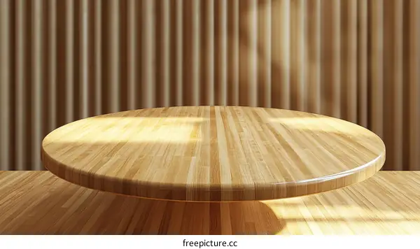 Wooden Table Top Display Mockup with Beige Curtains