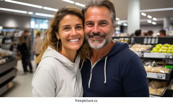 Happy couple shopping for groceries together