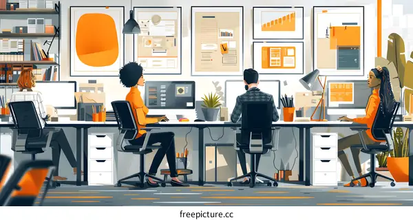 Illustration of a diverse group of people working in a modern office