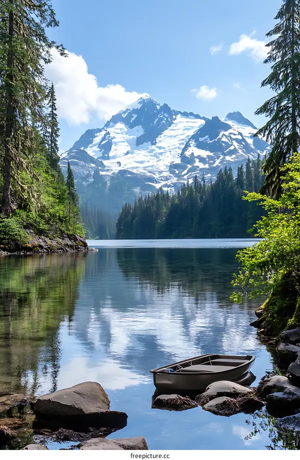 Mountain Lake With Small Boat And Trees